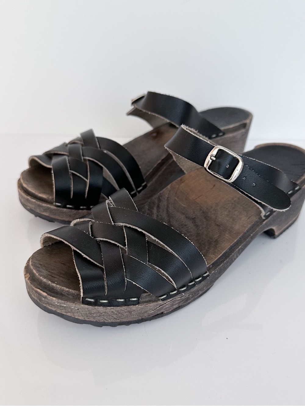 Vintage Black Leather Swedish Wooden Clogs Size 39 / 8 Braided Leather Sandal
